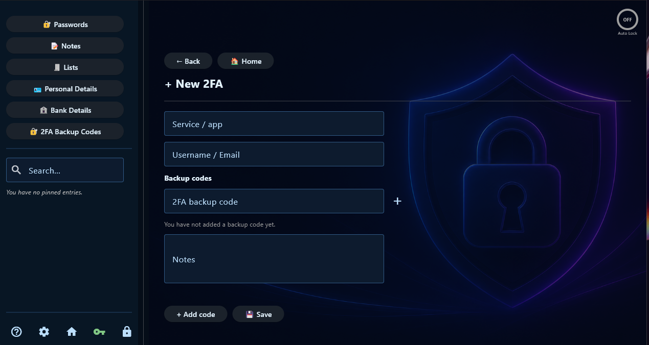 2FA backup code entry screen inside Secure Password Vault