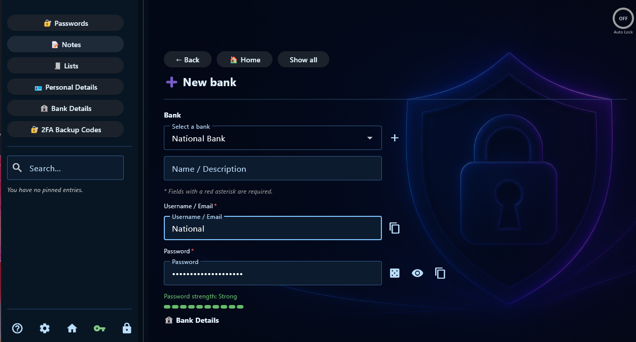 Bank details form inside Secure Password Vault