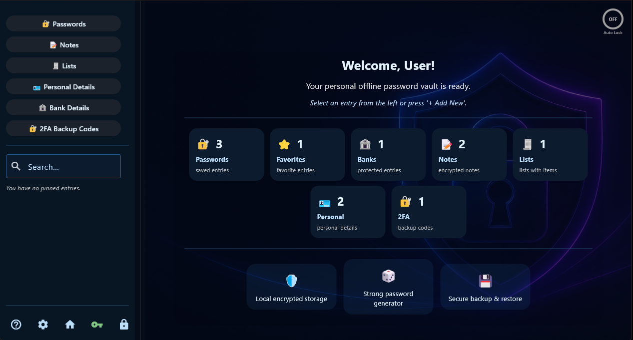 Secure Password Vault dashboard showing local vault sections