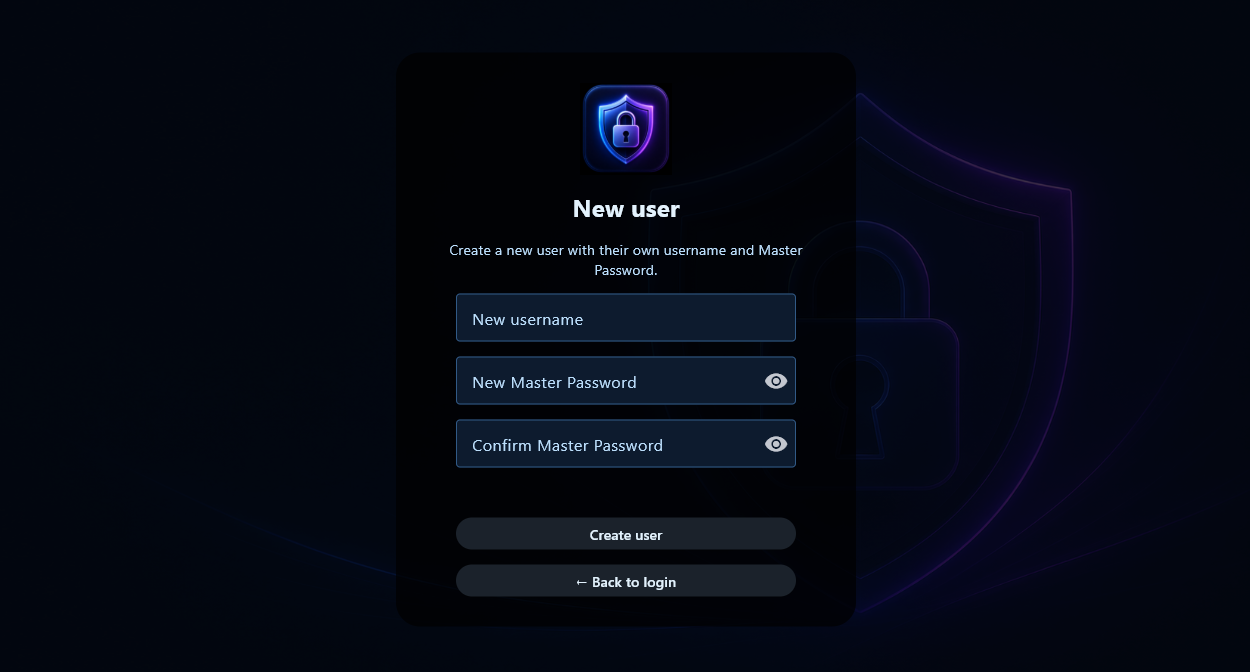 New user creation screen for creating a separate vault user